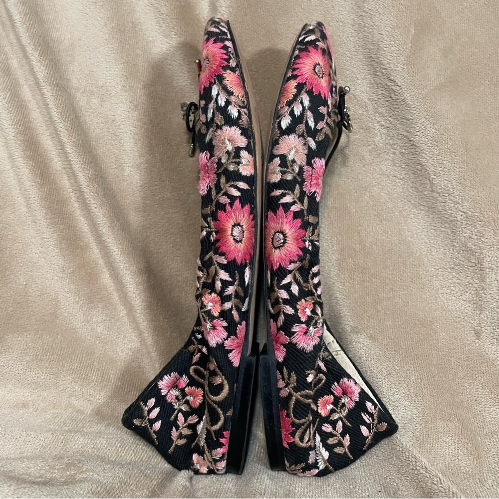 Sam Edelman Black Floral Embroidered Ballet Flats with Pink Flowers. - Picture 3 of 9